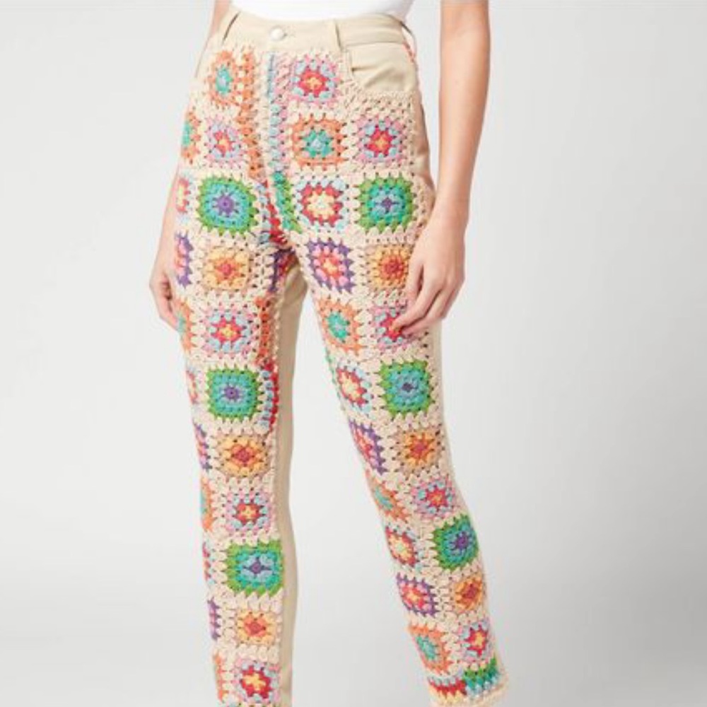NWOT Free People Zuri Crochet Granny Square Relaxed Straight Jeans Z5-11 - Picture 4 of 14